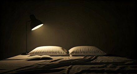 Cozy Bedroom Scene with a Reading Lamp Illuminating a Book and Pillows on a Bed
