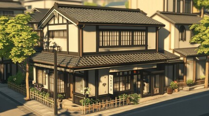 Obraz premium Charming Japanese-Style House on a Sunny Street