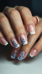 Close up of hands with french manicure and blue flower nail art on light skin tone fingers