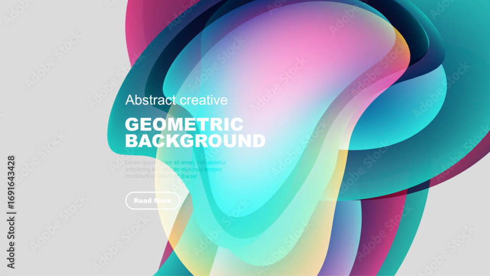 Poster Abstract geometric background features vibrant overlapping layers. Modern design includes text, button, dark space.