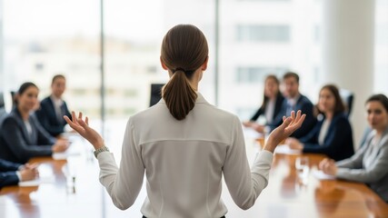 Business meeting with a woman presenting to a group at a conference table.