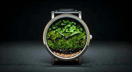 Creative Wristwatch Featuring a Miniature Terrarium with Lush Green Moss and Plants