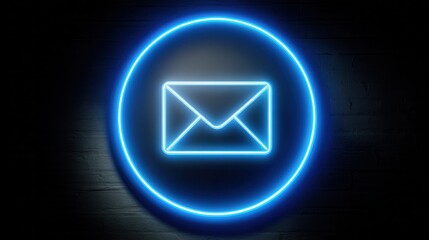 Bright blue neon envelope icon glowing in the dark