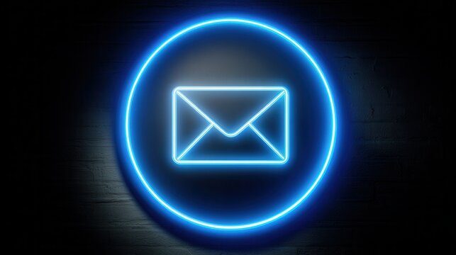 Bright blue neon envelope icon glowing in the dark