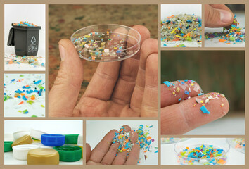 A collage set of micro plastic related images representing the global micro plastics pollution crisis and recycling challenges. Water and plastic pollution with microplastics.