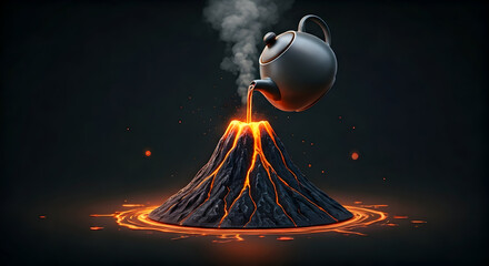 Surreal Concept a Black Teapot Pours Molten Lava into an Active Volcano