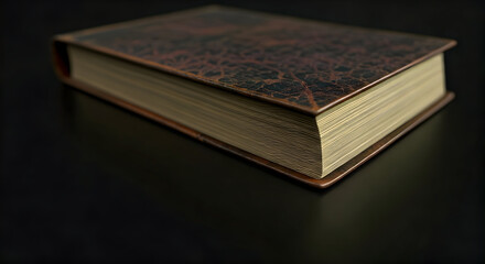 Vintage Leather Bound Book Resting Open on a Dark Reflective Surface
