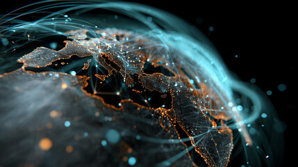 A stunning high-tech visualization of the planet, showcasing global connectivity with vibrant lines and sparkling lights.