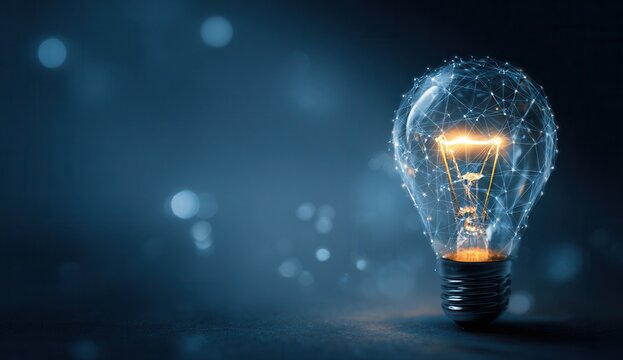 Glowing digital light bulb with network connections on dark blue background