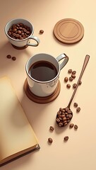 Flat lay of coffee essentials: ceramic mug, coffee beans, spoon, coaster, and notebook, neatly arranged with warm brown and beige tones.
