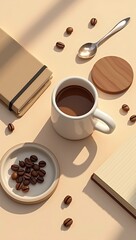Flat lay of coffee essentials: ceramic mug, coffee beans, spoon, coaster, and notebook, neatly arranged with warm brown and beige tones.
