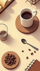 Flat lay of coffee essentials: ceramic mug, coffee beans, spoon, coaster, and notebook, neatly arranged with warm brown and beige tones.

