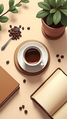 Flat lay of coffee essentials: ceramic mug, coffee beans, spoon, coaster, and notebook, neatly arranged with warm brown and beige tones.
