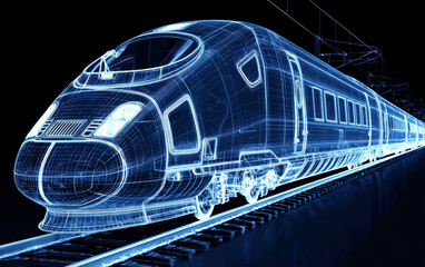 High-tech digital blueprint of a modern high-speed train