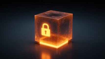 Glowing orange cube with padlock symbol represents digital security and data protection