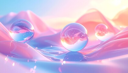 Surreal floating pastel glass spheres drift above smooth waves under a dreamy sky, reflecting warm sunset clouds and soft blue tones.