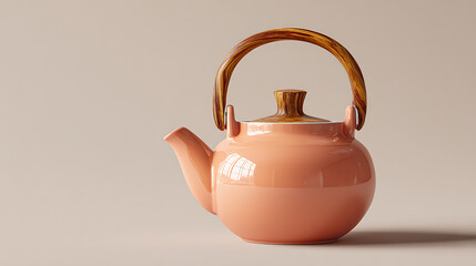 A charming coral colored ceramic teapot with a woven handle on a neutral background