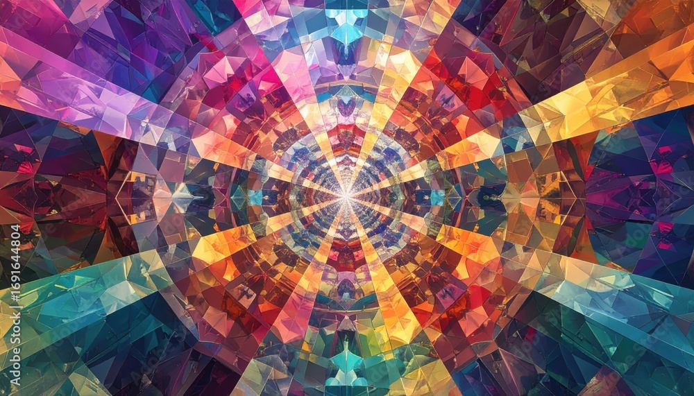 Poster a vibrant, kaleidoscopic design with a mesmerizing tunnel effect, featuring a rich array of colors a