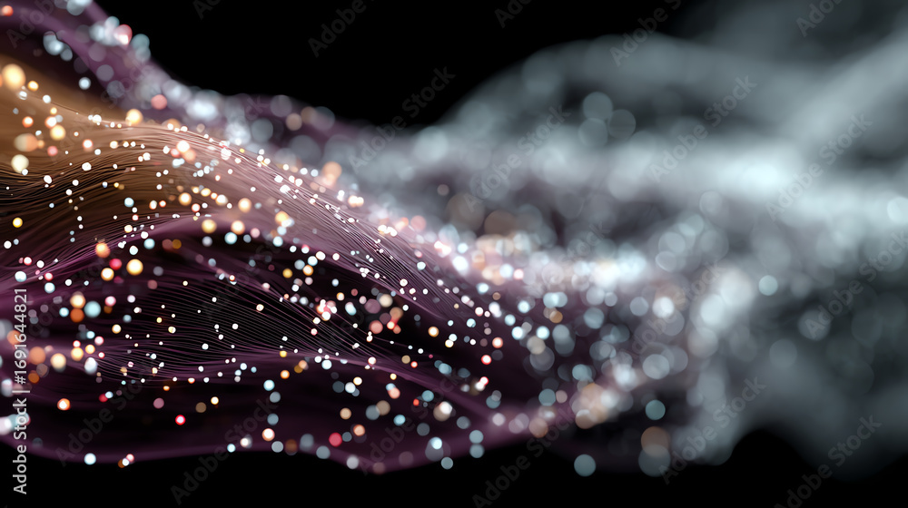 Poster a vibrant abstract wave of light particles flowing dynamically against a black background, symbolizi