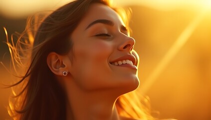 Model posing in warm golden sunlight, head tilted back, eyes closed, with soft natural shadows creating a dreamy and cinematic mood.
