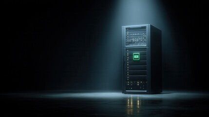 Modern server rack illuminated by a dramatic spotlight in a dark room