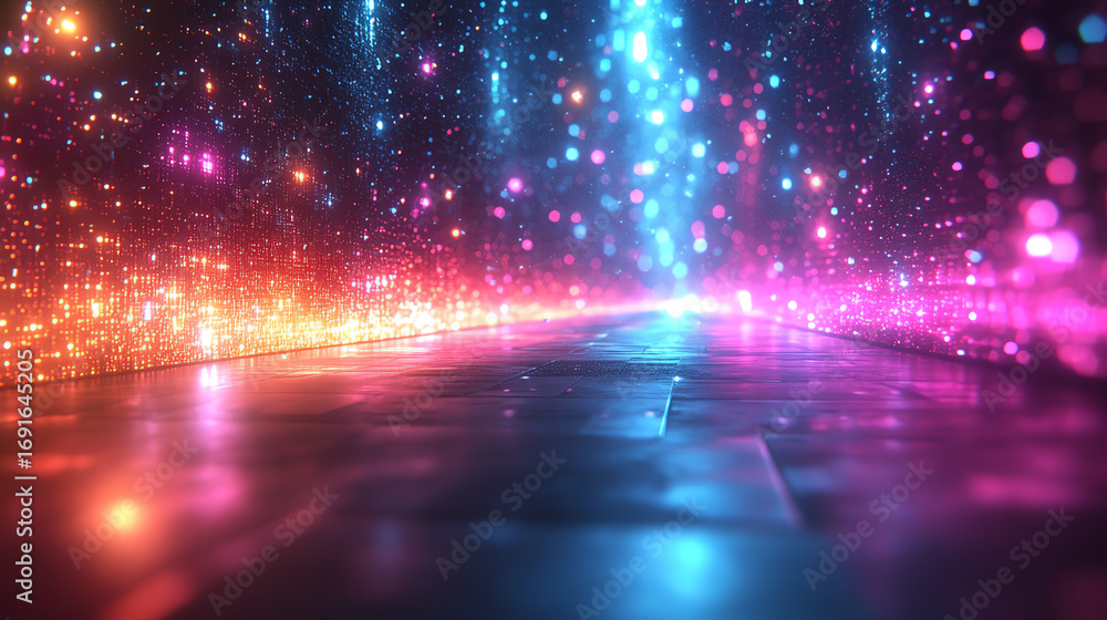 Poster a vibrant display of colorful particles creating a mesmerizing pathway in a digital landscape, perfe