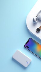 Flat lay of modern tech gadgets: wireless headphones, smartphone, smartwatch, and power bank arranged on a monochrome surface with a coordinated color palette.
