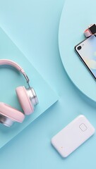 Flat lay of modern tech gadgets: wireless headphones, smartphone, smartwatch, and power bank arranged on a monochrome surface with a coordinated color palette.
