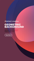 Abstract geometric background features overlapping colorful shapes. Text includes title, sample text, button. Modern design elements present.
