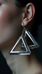 Fashion-focused close-up of triangular silver geometric earrings, modern and artistic style with bold composition.
