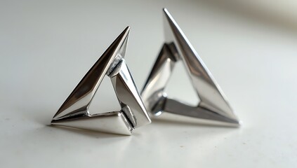 Fashion-focused close-up of triangular silver geometric earrings, modern and artistic style with bold composition.
