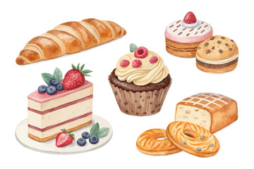 Bakery Watercolor Set with Bread, Pastries, and Cakes vector illustration
