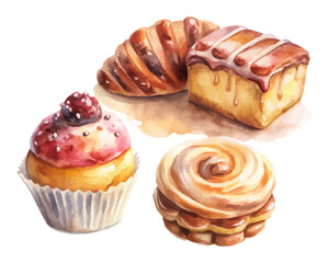 Bakery Watercolor Set with Bread, Pastries, and Cakes vector illustration