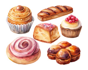 Bakery Watercolor Set with Bread, Pastries, and Cakes vector illustration