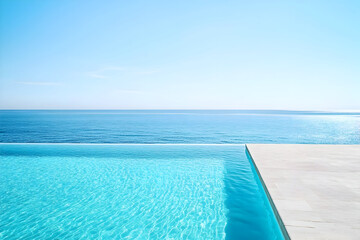 Fototapeta premium High angle view of empty outdoor swimming pool with clean blue water on a bright summer day