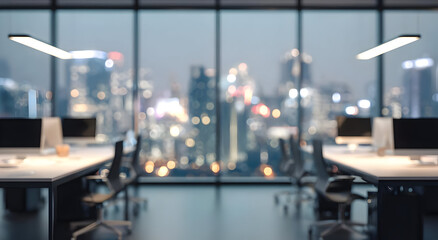 A modern office space illuminated at night with cityscape views, showcasing a sleek and stylish work environment.