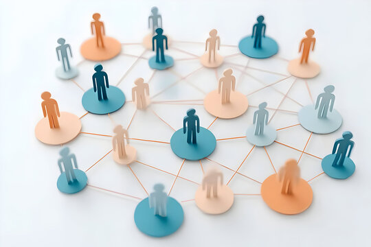 A conceptual illustration of networking and connections among individuals represented by abstract figures on a web.