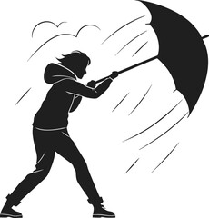 Vector art of silhouette of a person struggling with an umbrella in strong wind and rain