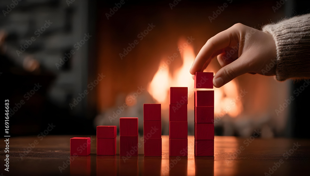 Poster a hand arranging red blocks in a rising bar chart format by a cozy fireplace, symbolizing growth and