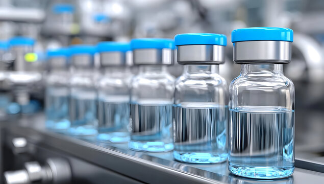 A close-up view of vaccine vials on a production line, showcasing modern pharmaceutical manufacturing.