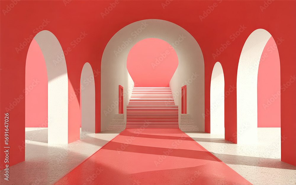 Poster modern architectural corridor with red and white color scheme