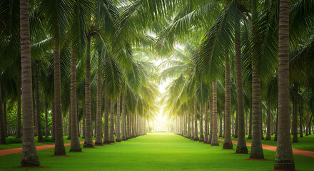 Obraz premium Avenues of Palm Trees Leading to Bright Sunlight