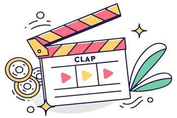 Movie clapboard with play buttons and leaves