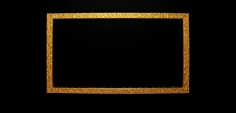 Black background, gold glitter rectangle frame, luxury border, template, illustration