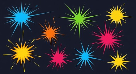 Vibrant Starbursts: A Colorful Explosion of Abstract Shapes on Dark Background