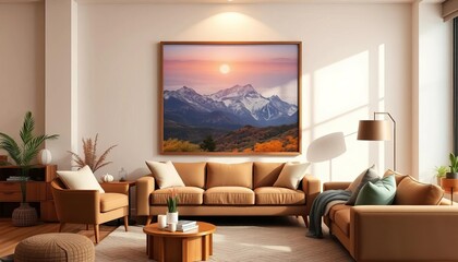 Fototapeta premium Empty poster frame on cozy living room wall, warm lighting, comfortable furniture, interior design, wood