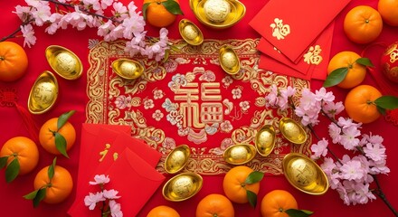 Fototapeta premium Chinese New Year Celebration with Oranges Gold Ingots and Red Envelopes.