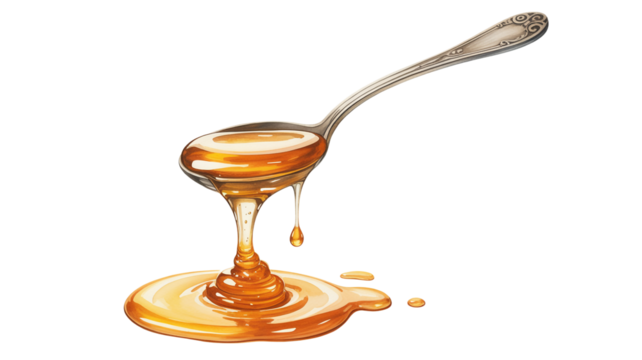 Golden honey pouring from a spoon, a delicious and sweet treat design