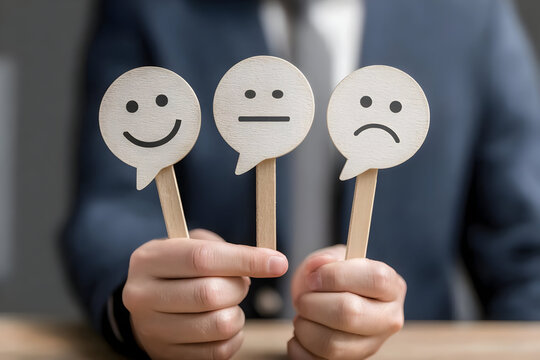 A businessman holds three emoticon signs representing happiness, neutrality, and sadness, symbolizing diverse workplace emotions.