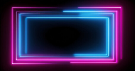 Vibrant neon square grame frame on black background. Royalty high-quality free best stock of a glowing neon light rectangle illuminated, abstract technology and futuristic blank design element